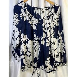 WHITE HOUSE BLACK MARKET Navy Blue, White Floral Blouse, XL Tie Waist EUC Nice